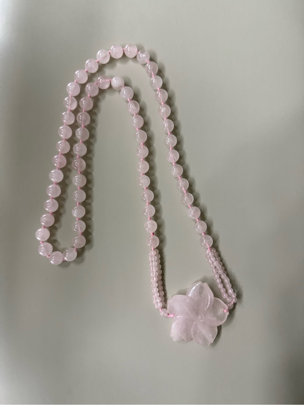 Vintage Chinese Natural Pink Quartz Necklace Carved Flower 1950s